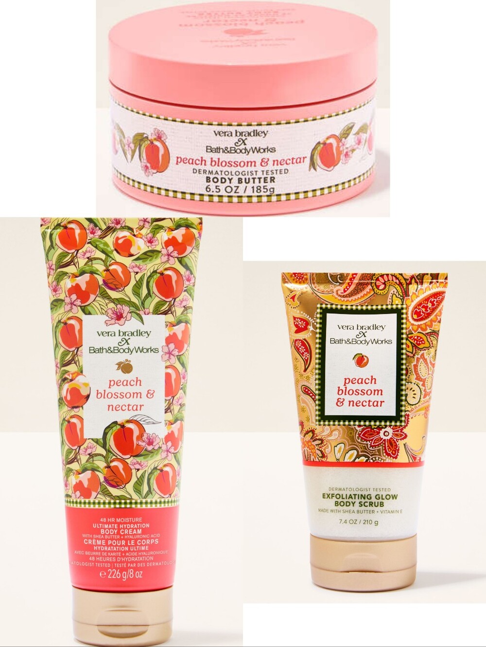 Bath Body Works Vera Bradley Peach Blossom & Nectar 3 Piece Body Care Set NEW